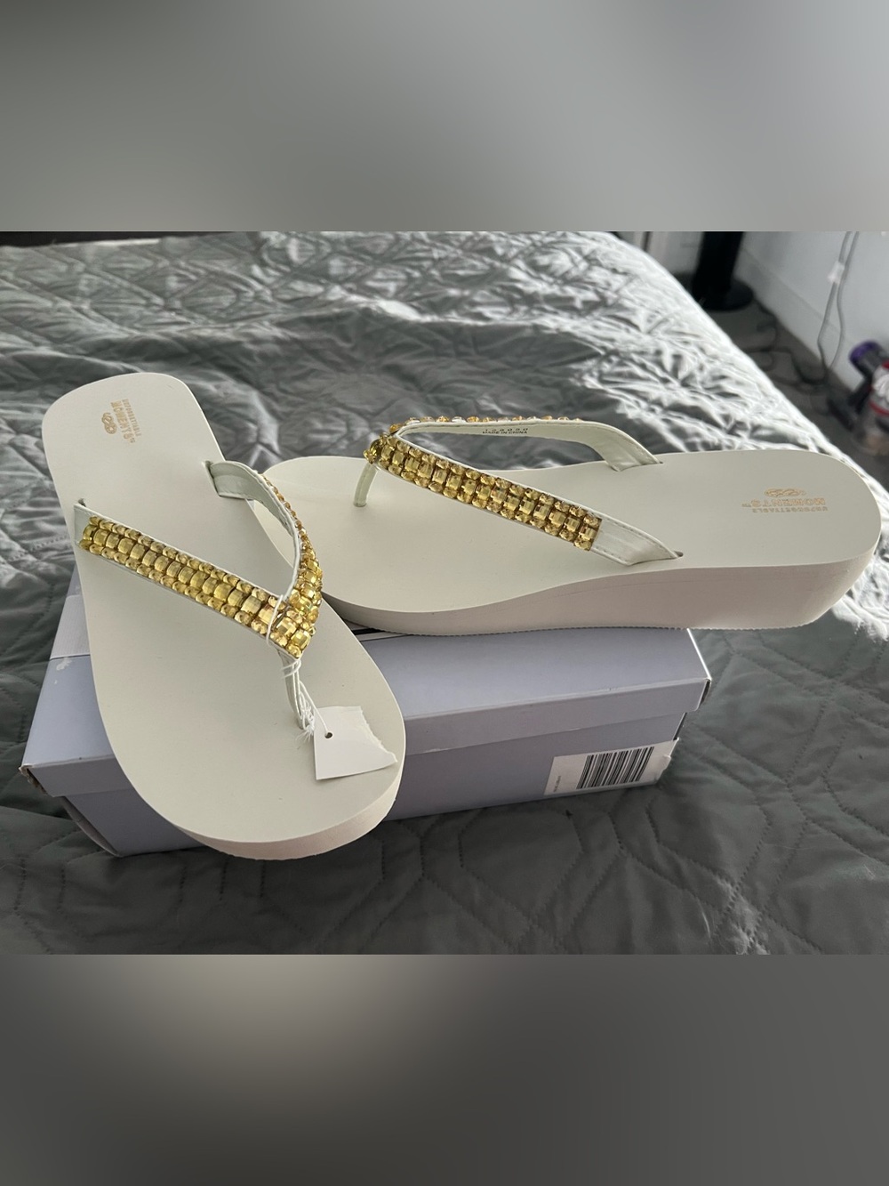 Women’s White Platform Flip Flop Sandals with Gold Beaded Straps